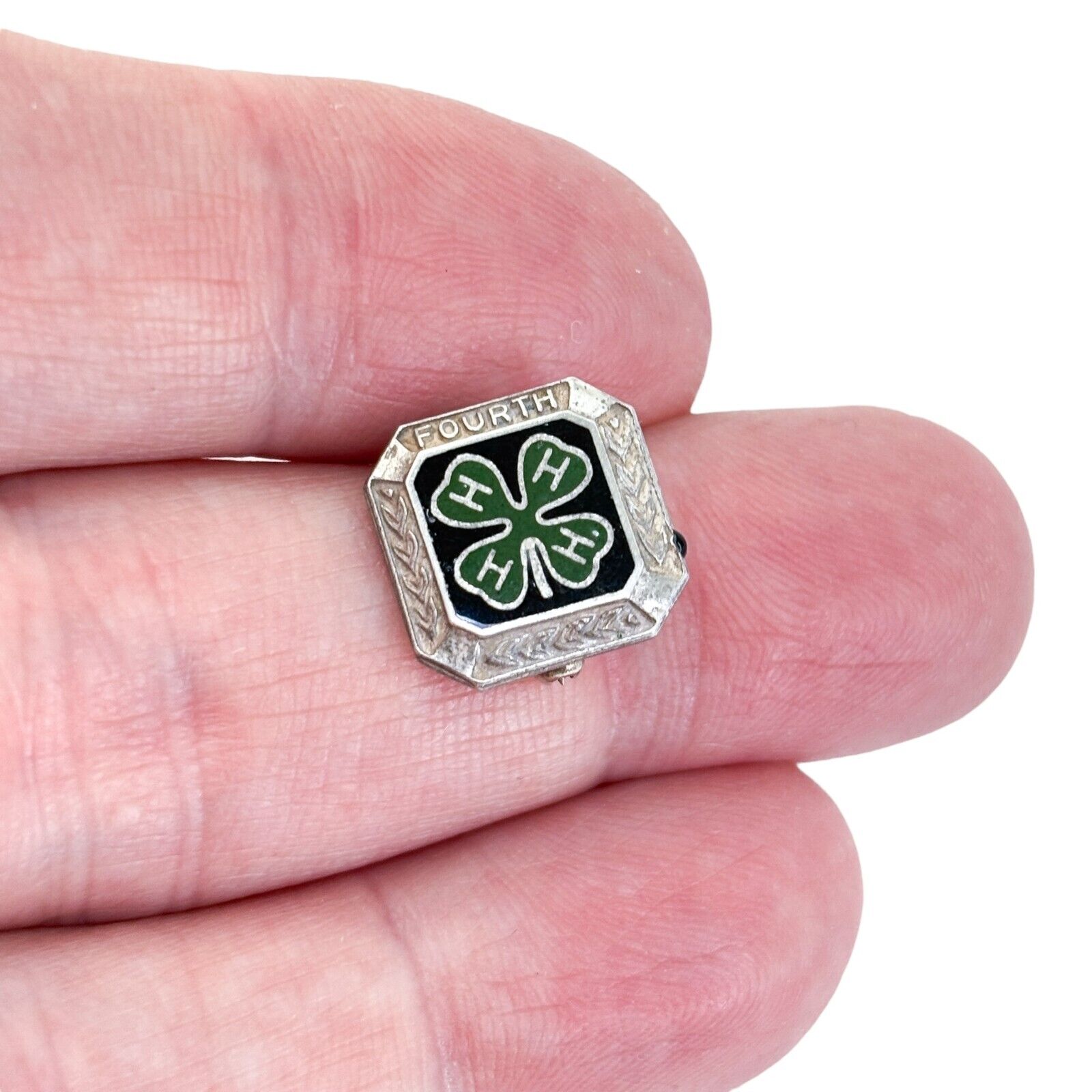 Estate Sterling Silver 925 4-H Fourth Level Green Enamel Badge Pin 34$